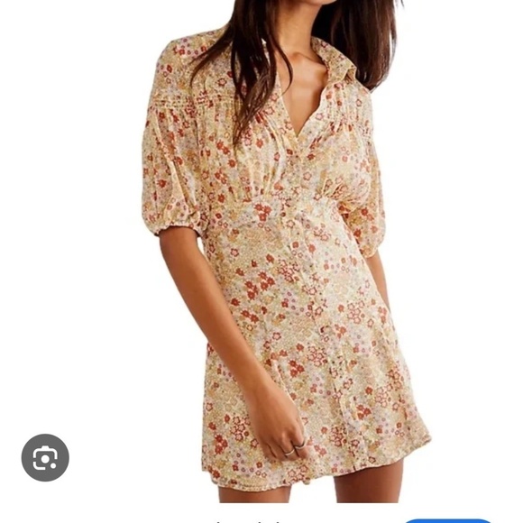 Free People Bonnie Dress Mini Chiffon Short Sleeve Button Front Fall Earth Tones - Picture 1 of 14